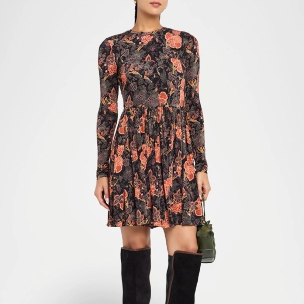 Ulla Johnson Bendetta Mini Dress Womens S Black Floral Jersey Long Sleeve